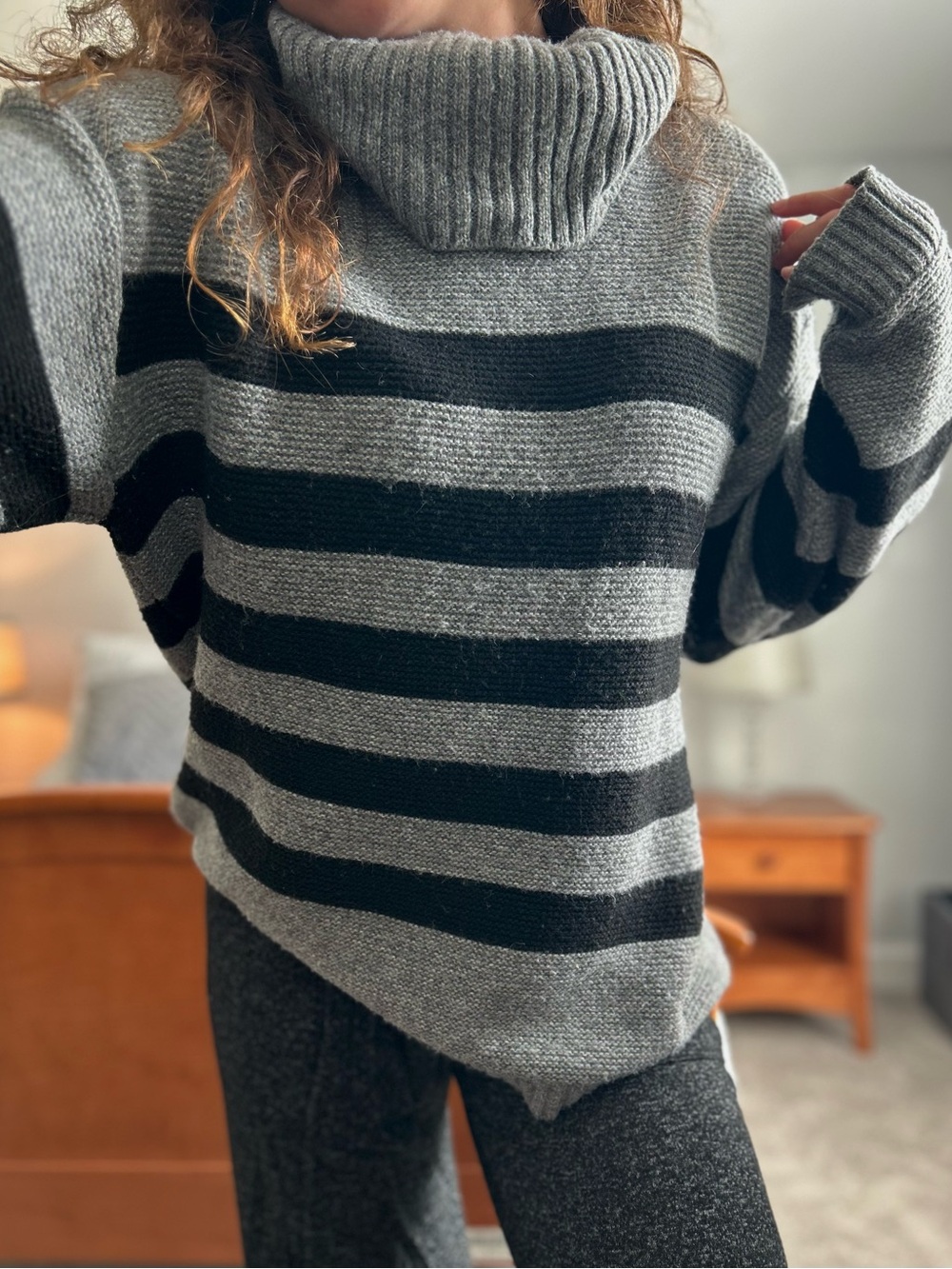 Tahari Gray and Black Striped Turtleneck Sweater